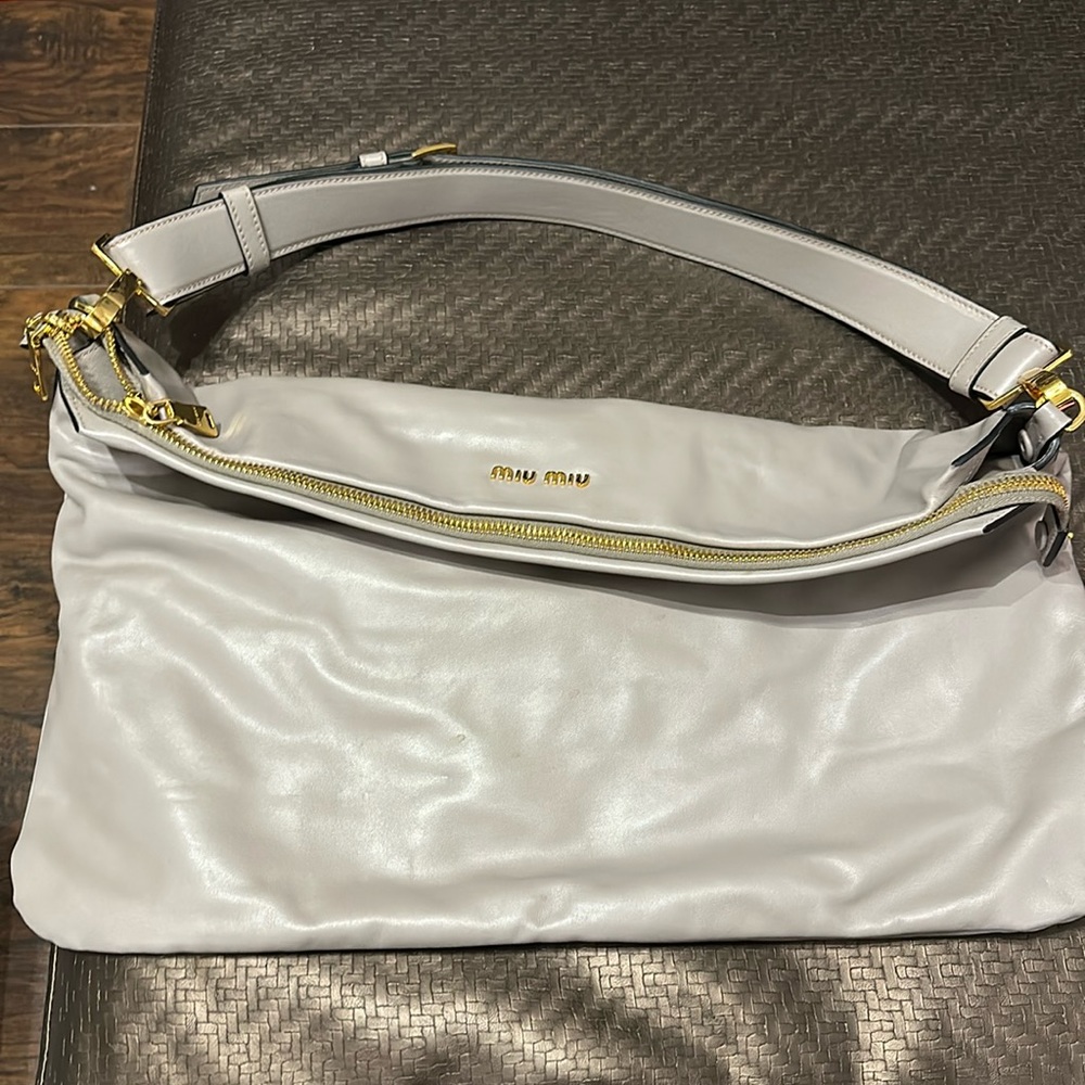 Miu Miu Soft Leather Hobo Bag in Light Gray with Gold Hardware